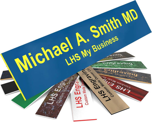 Engraved Door Signs for Office Personalized Blue Plastic Door Plaque with Yellow Letters - Made in USA 2x4 B20