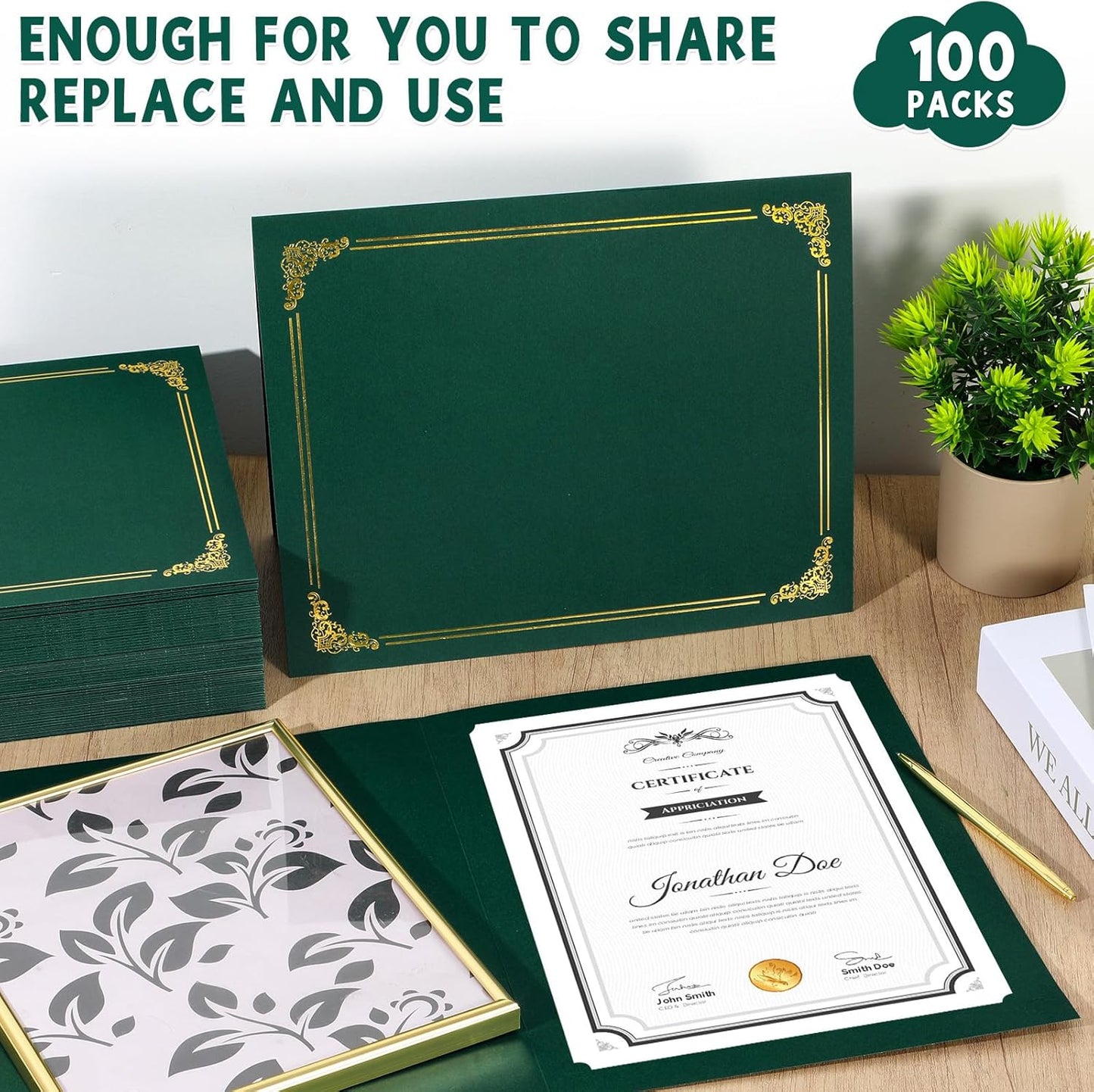 gisgfim 100Pcs Certificate Holders Diploma Covers Single Sided Gold Foil Border Award Certificate Covers for Letter Size 8.5x11 Certificates Cardstock Document Papers Storage Organizer (Green)