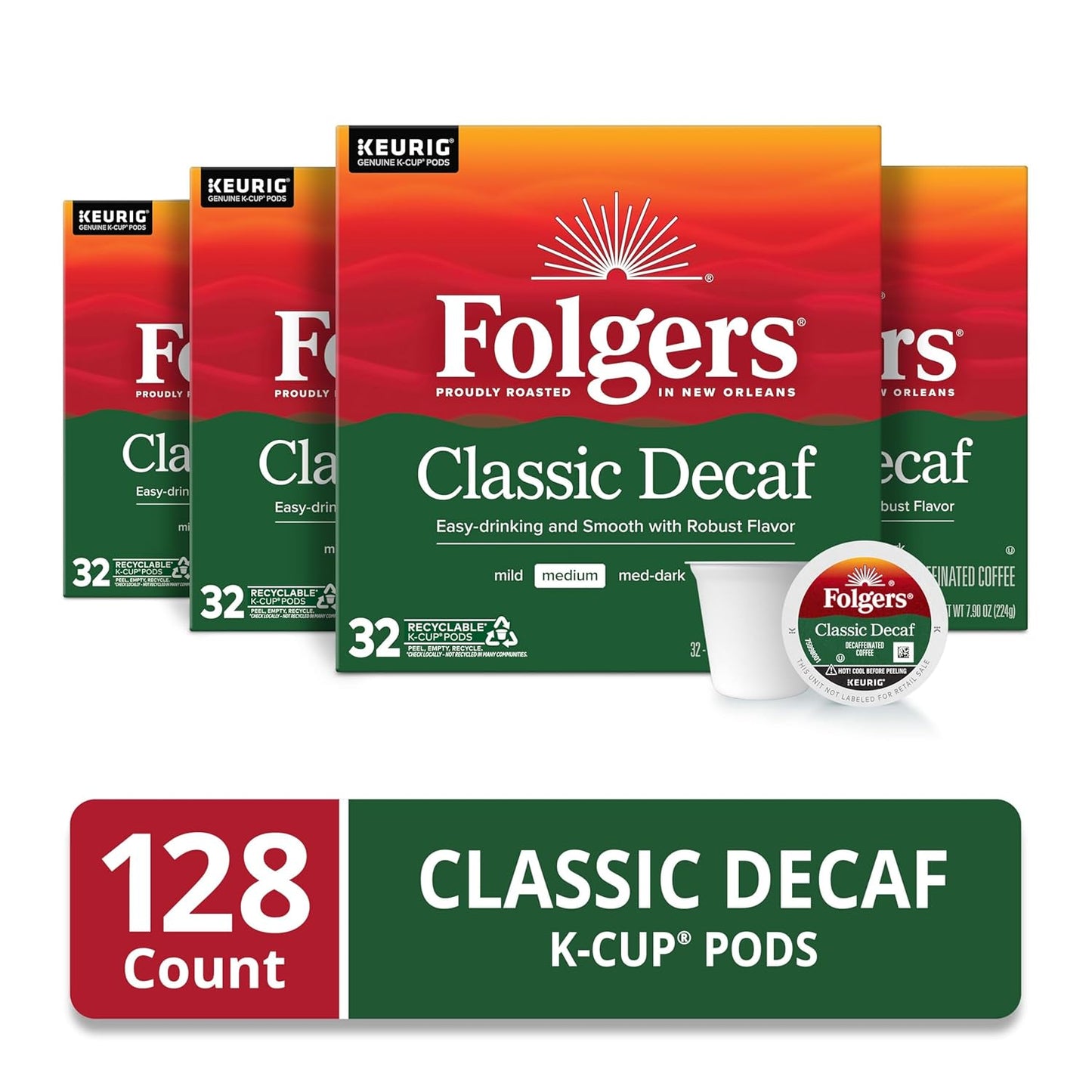 Folgers Classic Decaf Coffee, Keurig K-Cup Pods, 128 Count