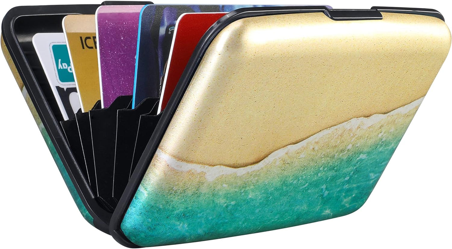ELFISH Mini RFID Aluminum Wallet Credit Cards Holder Business Card Case Metal ID Case for Men Women（Beach