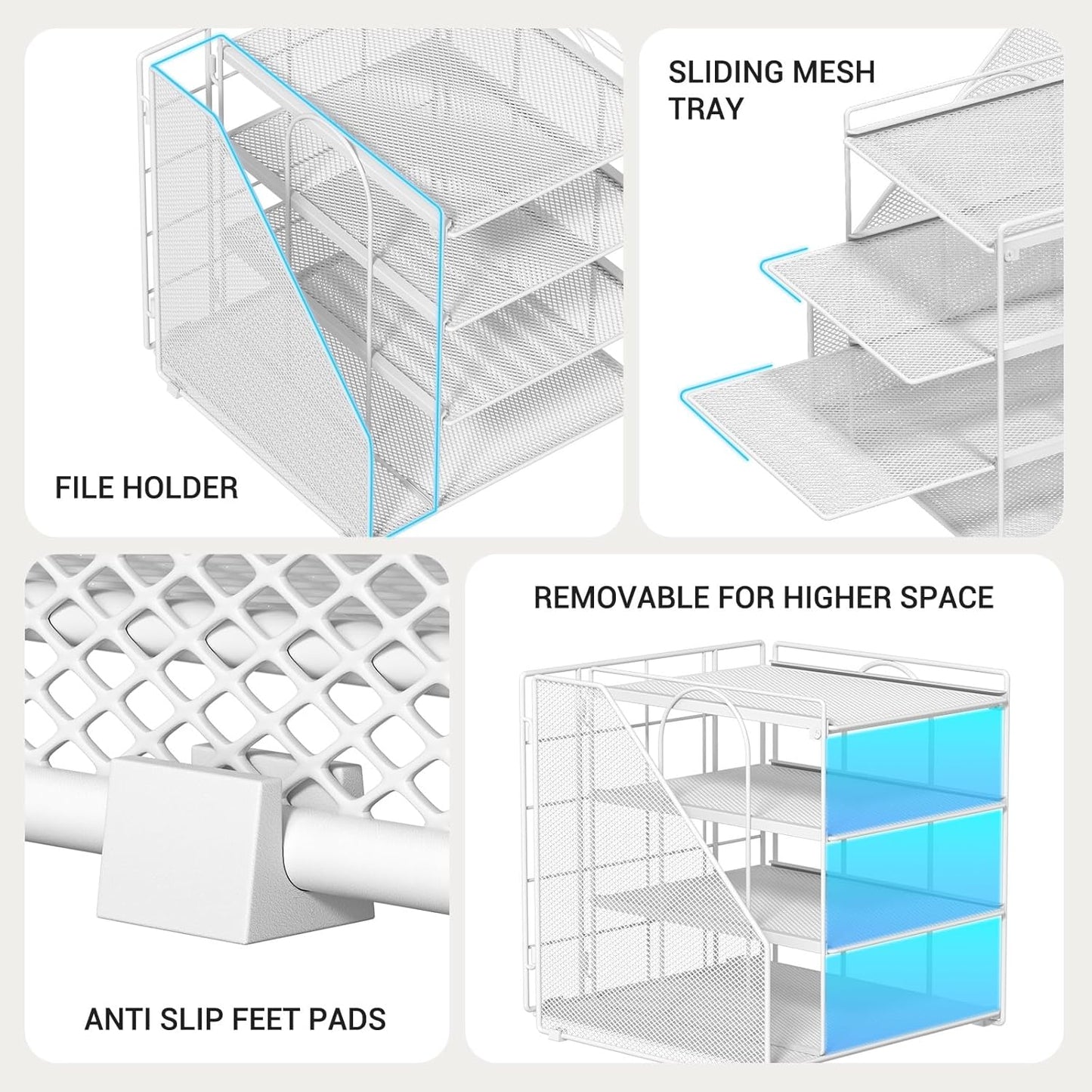 Desk File Organizer and Accessories, 4-Tier Paper Organizer with Vertical File Holder, Office Desk Accessories & Workspace Organizers and Storage for Office Supplies (White)