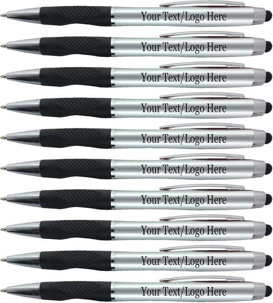 Personalized Pens With your Custom Logo or Text-300 Pack Bulk-for Businesses, Parties, and Events, 2 in 1 Ballpoint Pen + Capacitive Stylus for Touchscreen Devices, Silver Barrel, Blue Ink