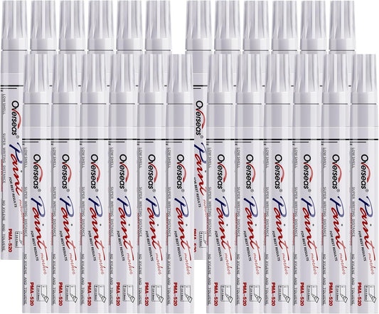 Overseas White Paint Pens Permanent Markers 24 Pcs, Oil Based Paint Markers Set, Quick Drying, Waterproof, Medium Tip Marker Pens for Metal, Rock, Wood, Plastic, Canvas, Glass, Stone, Rubber, Paper