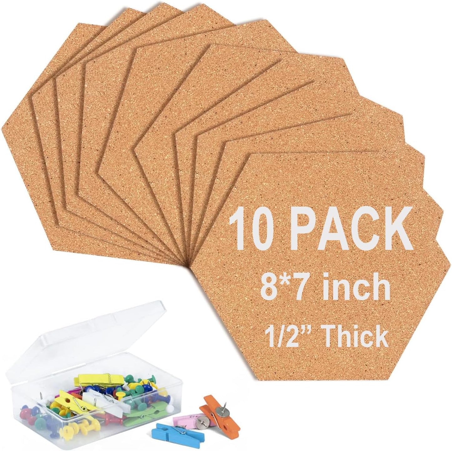 10 Pack Cork Bulletin Board Hexagon - Decorative Display Boards, 1/2" Thick Self-Adhesive Cork Board Tiles for Home Office Decor, School Message Board (10 Pcs)