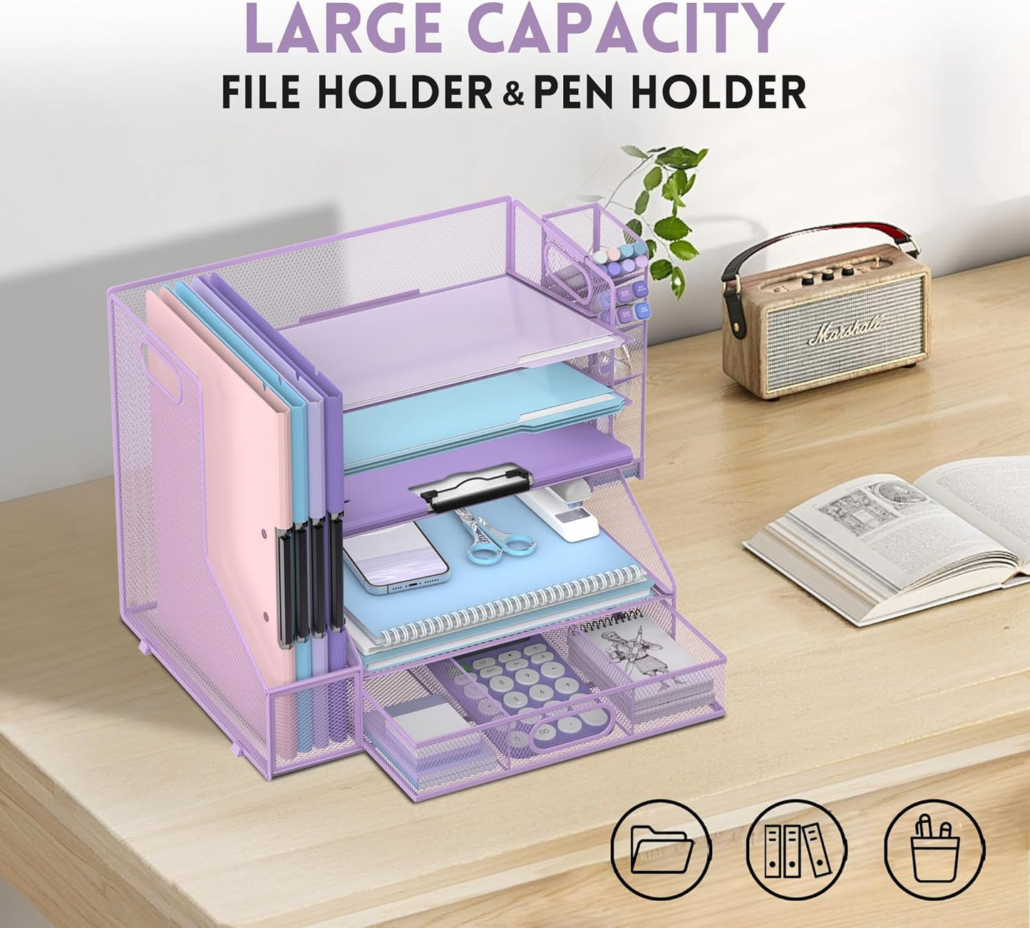 DALTACK Mesh Desk Organizer, 5-Tier Paper Letter Tray with File Holder & Pen Holder & Sliding Drawer, Desktop Organizer and Storage for Desk Accessories Office Supplies, Purple