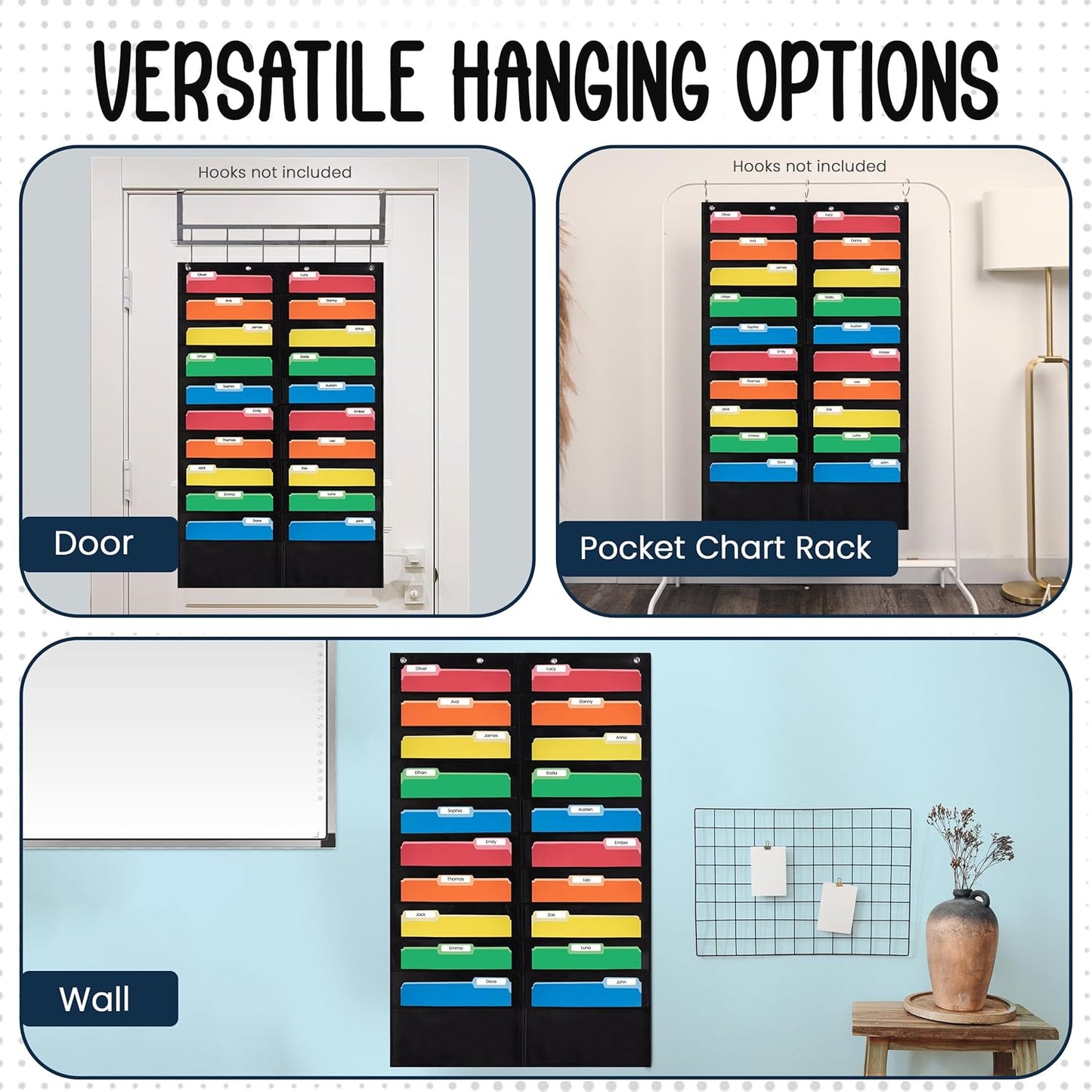 Essex Wares - 20 Pocket File Pocket Chart, Black, 28" Wide x 46" Tall - Versatile Wall Hanging File Folder Organizer for Classroom, Office, Home, and More - Wall Folder Organizer - 20 Pockets