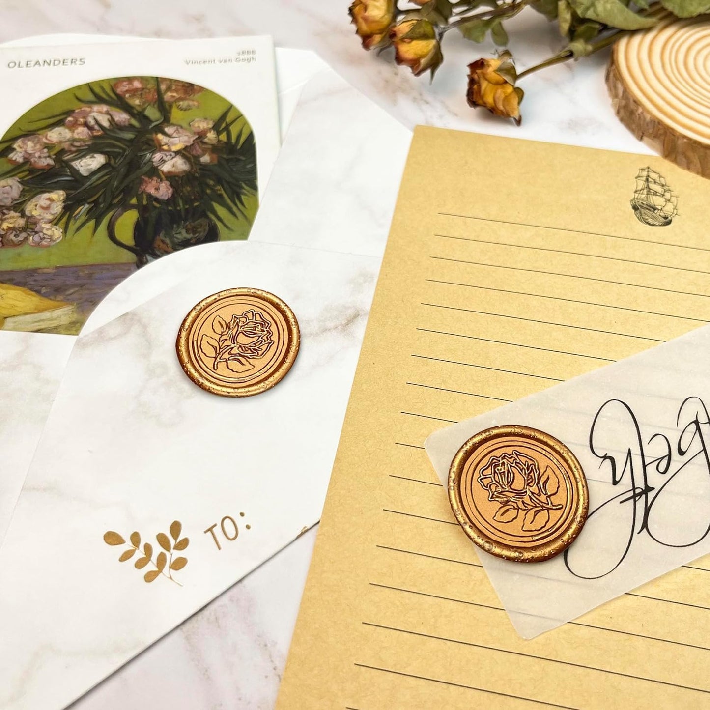 100Pcs Wax Seal Stickers Handmade Envelope Seals Self Adhesive Wax Stickers for Wedding Party Invitations, Envelope, Gift Wrap, Christmas(Rose Style, Antique Gold)