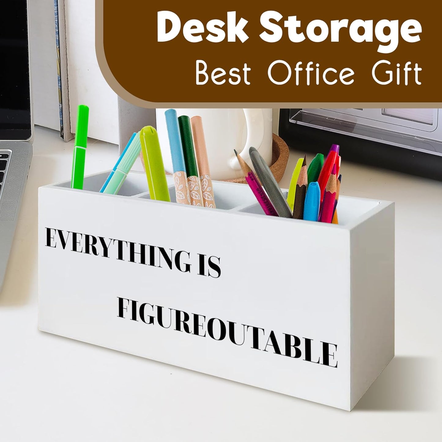 Everything is Figureoutable Inspirational Pen Holder for Desk, Motivational Gifts for Coworkers Women Men, Positive Quote Wooden Pen Pencil Holder Organizer for Office Desk Accessories