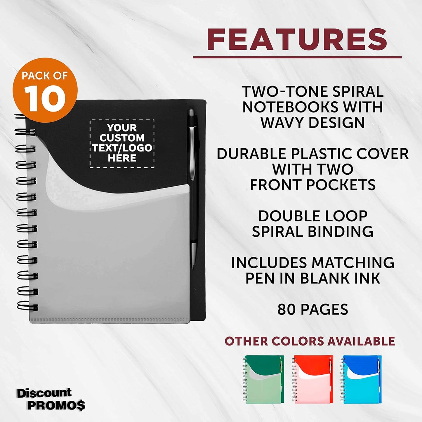 DISCOUNT PROMOS Custom Spiral Notebooks with Front Pocket Set of 10, Personalized Bulk Pack - Durable Plastic Cover, Includes Matching Pen in Blank Ink, Perfect for School, Office, Home - Black