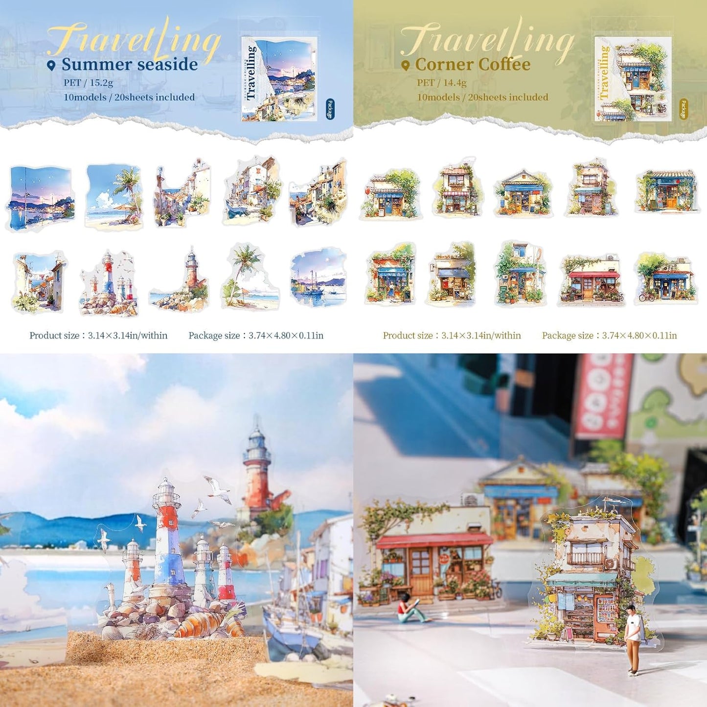 120 Pieces Vintage Traveling Landscape Creation PET Stickers, 6 Pack Aesthetic Decorative Stickers for Scrapbooking DIY Diary Junk Journal Handbook Album Decoration Journaling Scrapbooking Supplies