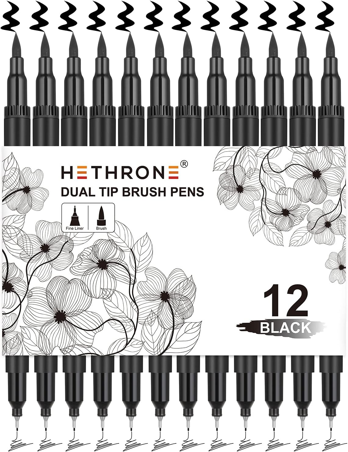 Hethrone Black Markers for Drawing - Brush Pens with Felt Tips for Artists - Calligraphy Pens, 12 Pack