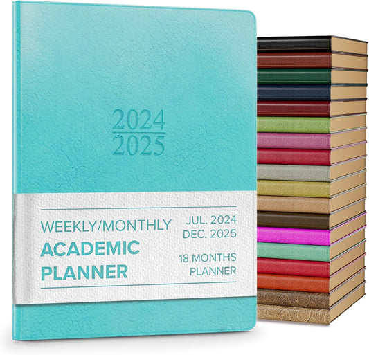 Gallery Leather Academic Planner 2025, Teacher and Student Weekly Monthly Planner, Elegantly Bound Calendar with Gold-Gilded Page Edges, 18 Months - Acadia Pool - 9 x 7 "
