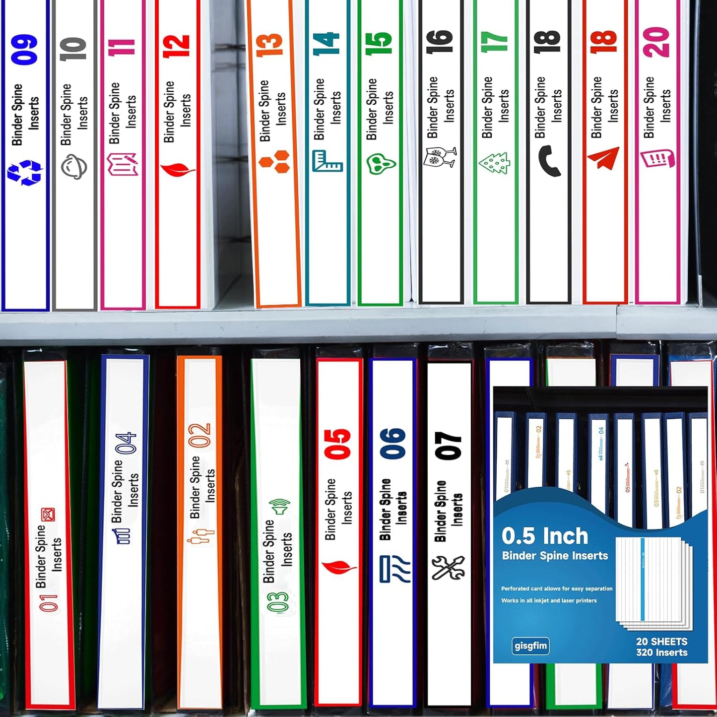 gisgfim 20 Sheets Binder Spine Inserts 1/2 Inch Spine Width White Edge Labels 92LB Printable Side Identifiers for Inkjet Laser Printers Cardstock View Binders Labels 16 Inserts/Sheet