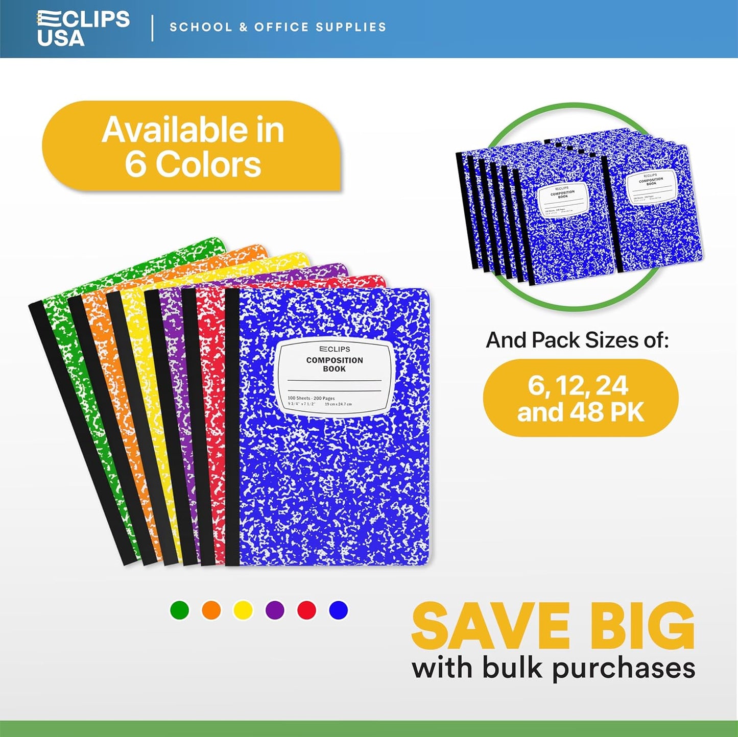 E-CLIPS USA Composition Notebooks, (6 Pack), Wide Ruled Composition Notebook, Marble Composition Notebook, 100 sheets, 200 Pages (6, Blue)