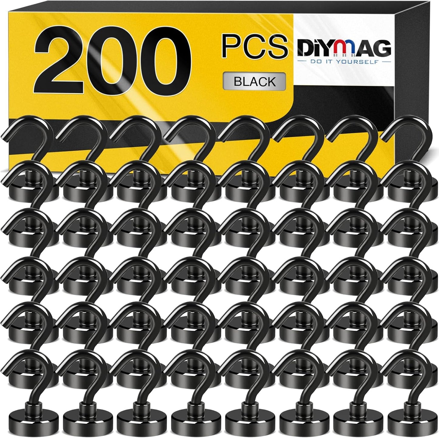 DIYMAG Magnetic Hooks, 30Lbs Strong Heavy Duty Cruise Magnet S-Hooks for Classroom, Fridge, Hanging, Cabins, Grill, Kitchen, Garage, Workplace and Office Etc, (200Pack-Black),Screw in Hook