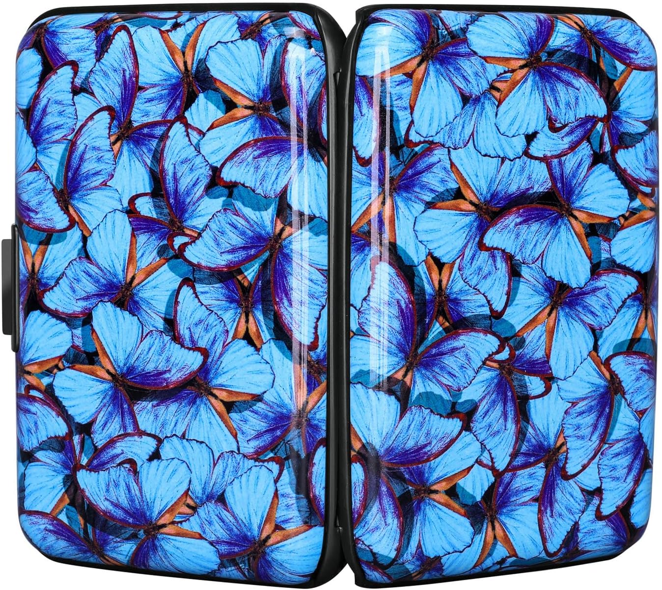 ELFISH RFID Blocking Credit Card Protector Aluminum ID Case Hard Shell Business Card Holders Metal Wallet for Men or Women (Blue Butterfly)