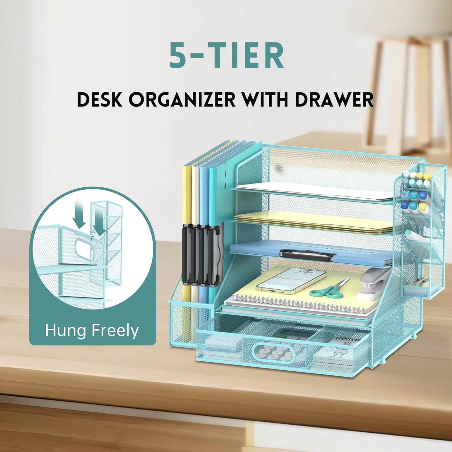DALTACK Mesh Desk Organizer, 5-Tier Paper Letter Tray with File Holder & Pen Holder & Sliding Drawer, Desktop Organizer and Storage for Desk Accessories Office Supplies, Blue