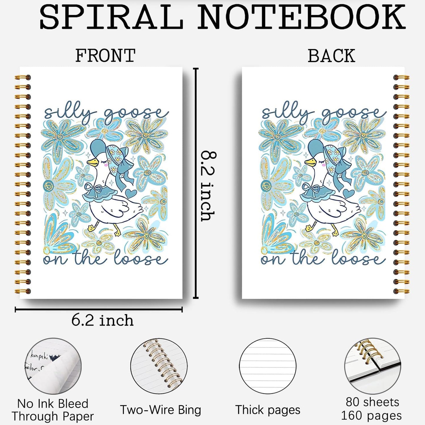 Guymn Blue Boho Floral Goose Notebook, Glitter Cute Goose Journal for Kids Girls, Geese Animal Lover Gifts Hardcover Spiral Notebooks Journals 5.5x8.3 Inch