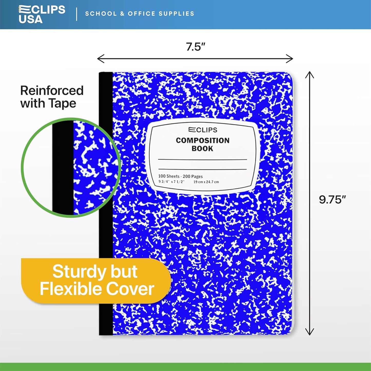 E-CLIPS USA Composition Notebooks, (6 Pack), Wide Ruled Composition Notebook, Marble Composition Notebook, 100 sheets, 200 Pages (6, Blue)