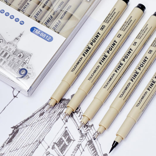 9 Pack Fineliner Drawing Pens – Black Waterproof Micro Line Ink Pens with Assorted Tip Sizes (005 to BR) for Manga, Sketching, Journaling & Technical Illustration