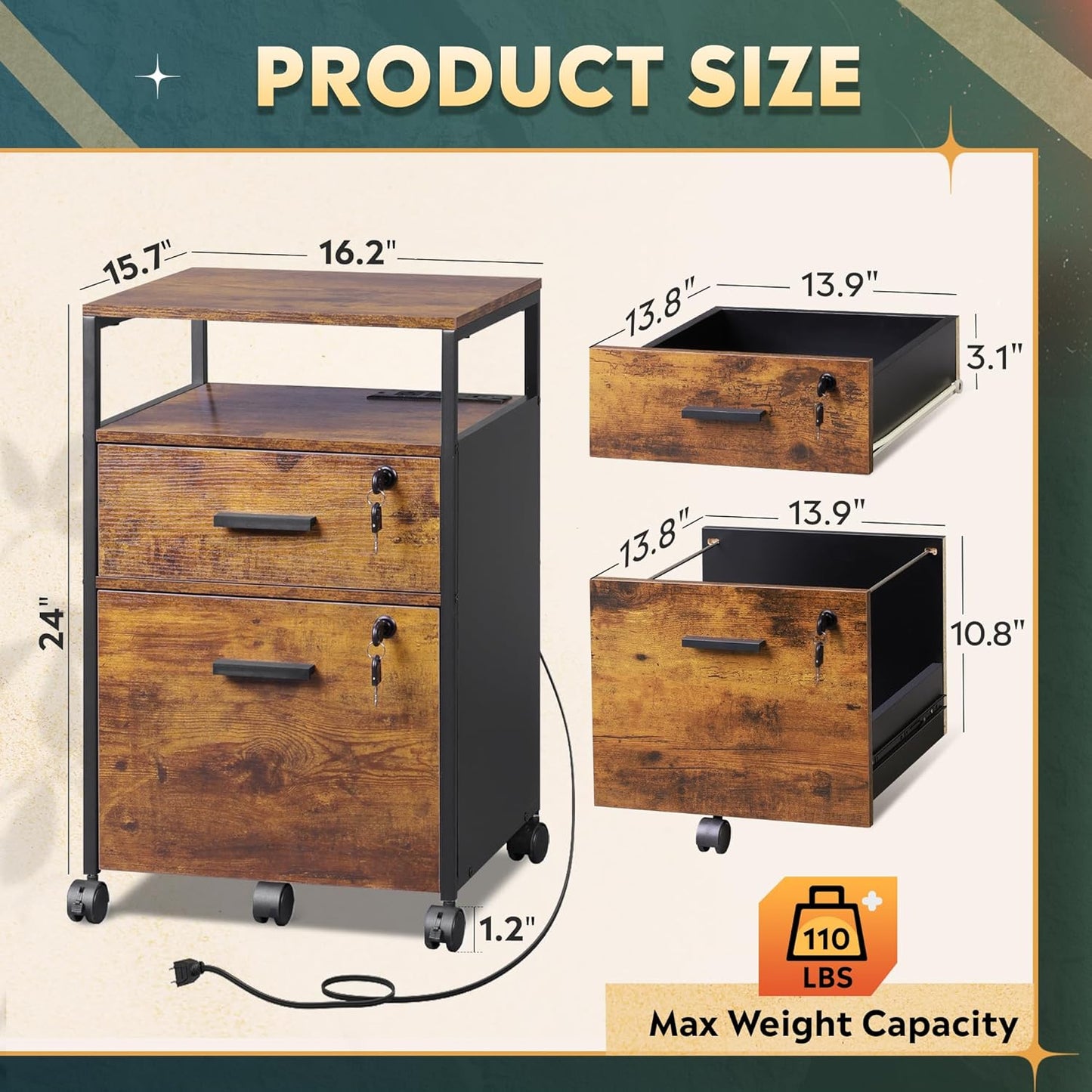 DEVAISE 2 Drawer File Cabinet with Lock and Charging Station, Wood Filing Cabinet fits A4 or Letter Size, Mobile Printer Stand with Open Storage Shelf for Home Office, Rustic Brown