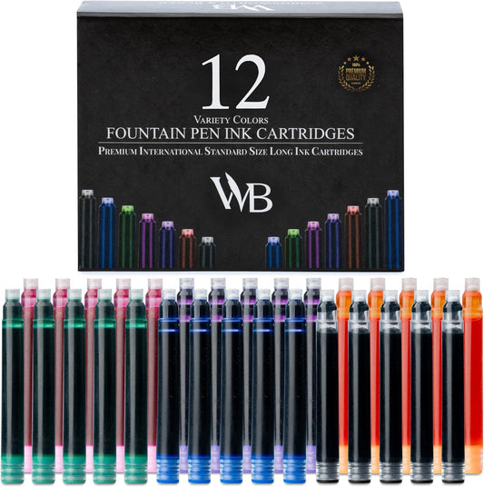 Wordsworth & Black 12 Pack Fountain Pen Ink Refills - Set of 12 Assorted Ink Cartridges - International Standard Size - Length APPR 2.3" - Base Diameter APPR 0.24" - Disposable and Generic