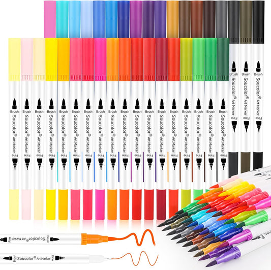 Soucolor Teacher Appreciation Gifts, College Graduation Gifts, 36 Colors Dual Tip Art Brush Markers Pens for Adult Coloring Books Kids Note taking Planner Lettering Drawing Preppy School Stuff