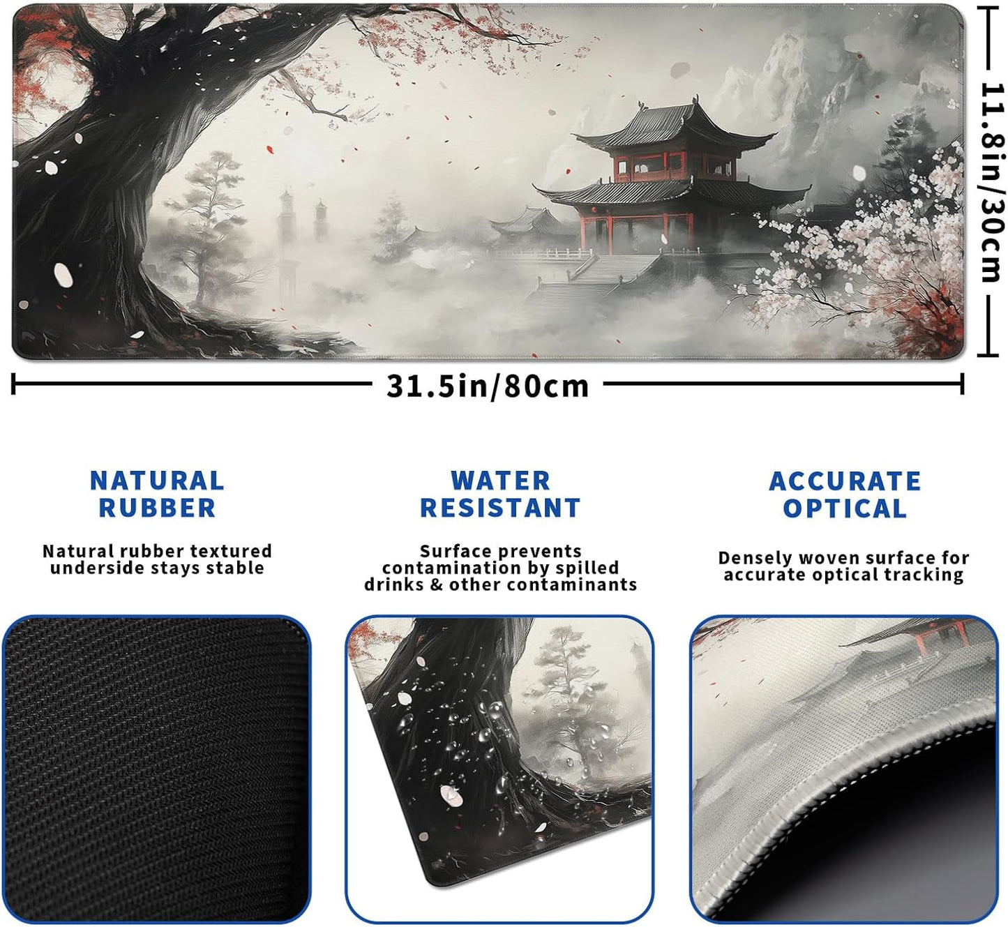 Retro Pagoda Mouse Pad Abstract Cherry Blossom Watercolor Mouse Pad 31.5x11.8 Inch Texture Non-Slip Rubber Base Large Mousepad Stitched Edges Keyboard Mouse Mat Desk Pad for Office