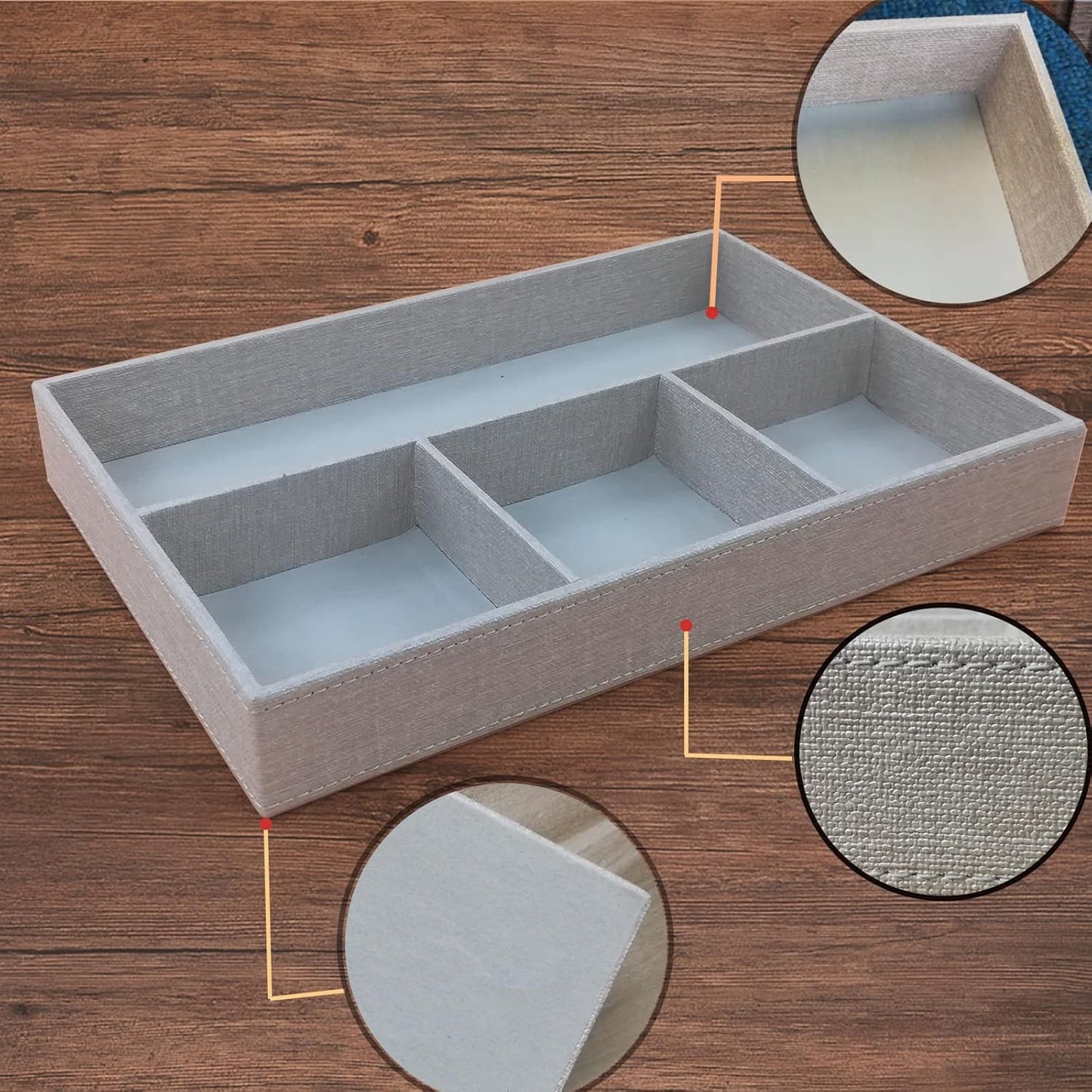 Desktop PU Leather Storage Rack, Proxy Parking tray, Dressing table Desktop Organizer, with 4 Compartments for Placing Mobile Phones, Remote controls, Cosmetics, Watches, and other Decorative trays.