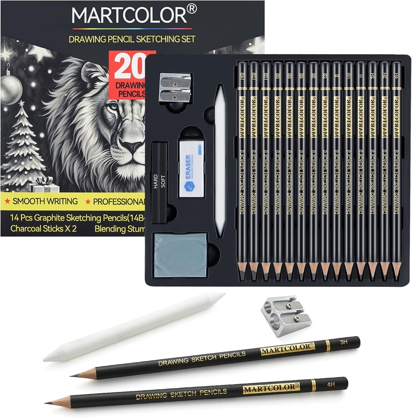 Drawing Sketching Pencil Set, 20 Pieces, Graphite Pencils (14B-4H), Charcoal Sticks, Stump, Eraser, Sharpeners, Ideal for Drawing Art, Sketching, Artist Pencils for Beginners & Pro Artists