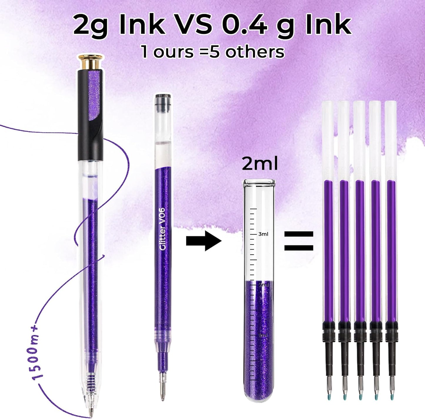 Retractable Glitter Gel Pens, 12 Colors Large Capacity Purple Glitter Metallic Gel Ink Pens, 1 mm Fine Point Smooth Writing Color Pens for Adult Coloring Book Note Taking Aesthetic Art Supplies