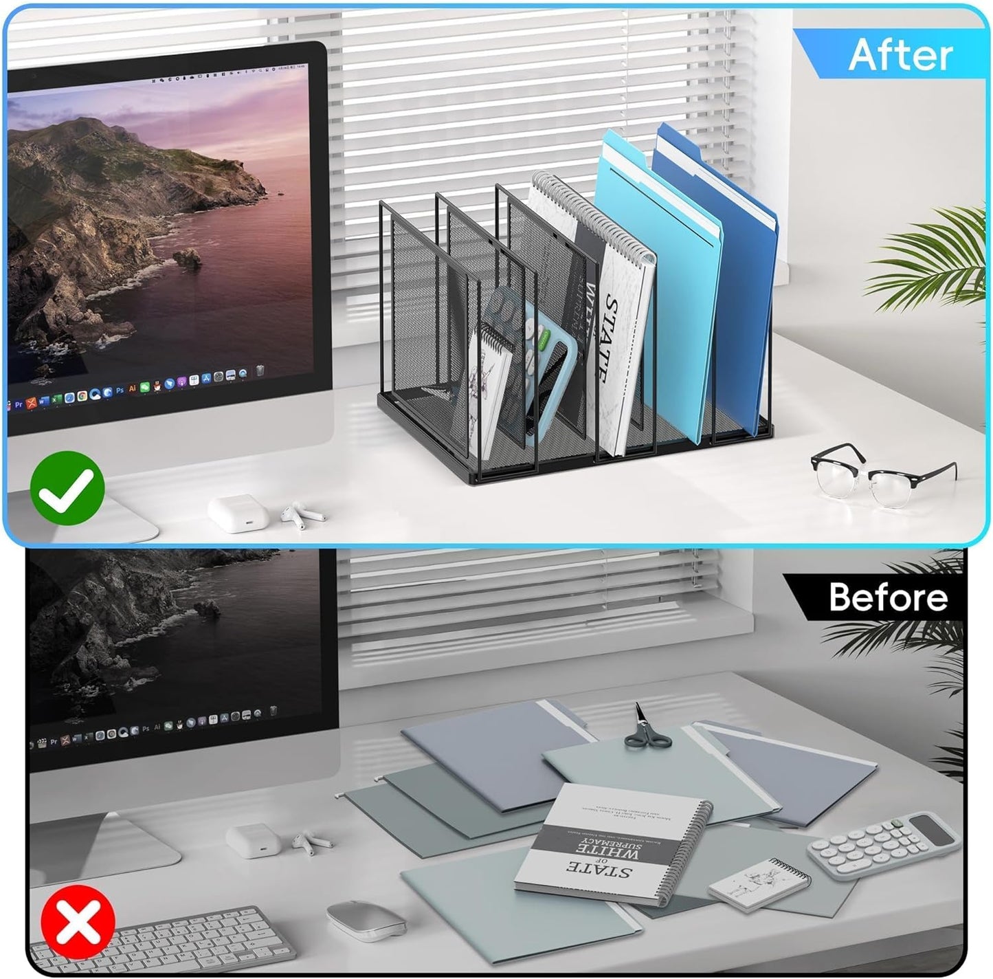 File Organizer for Desk, 5-Section Vertical File Sorter, Paper Holder Organizer Standing Metal File Folder for Office Home Classroom, Black