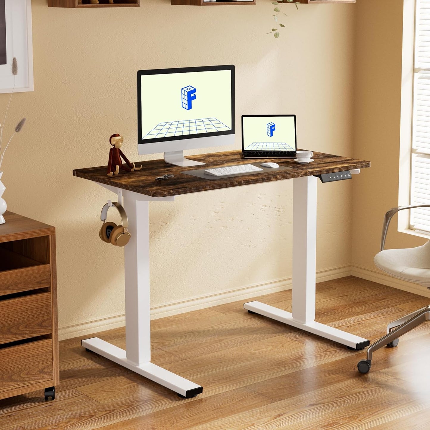 FLEXISPOT EN1 One-Piece Standing Desk, 48x24 Electric Sit Stand Desk for Home Office and Computer Workstation (White Frame + Rustic Top, 2 Packages)