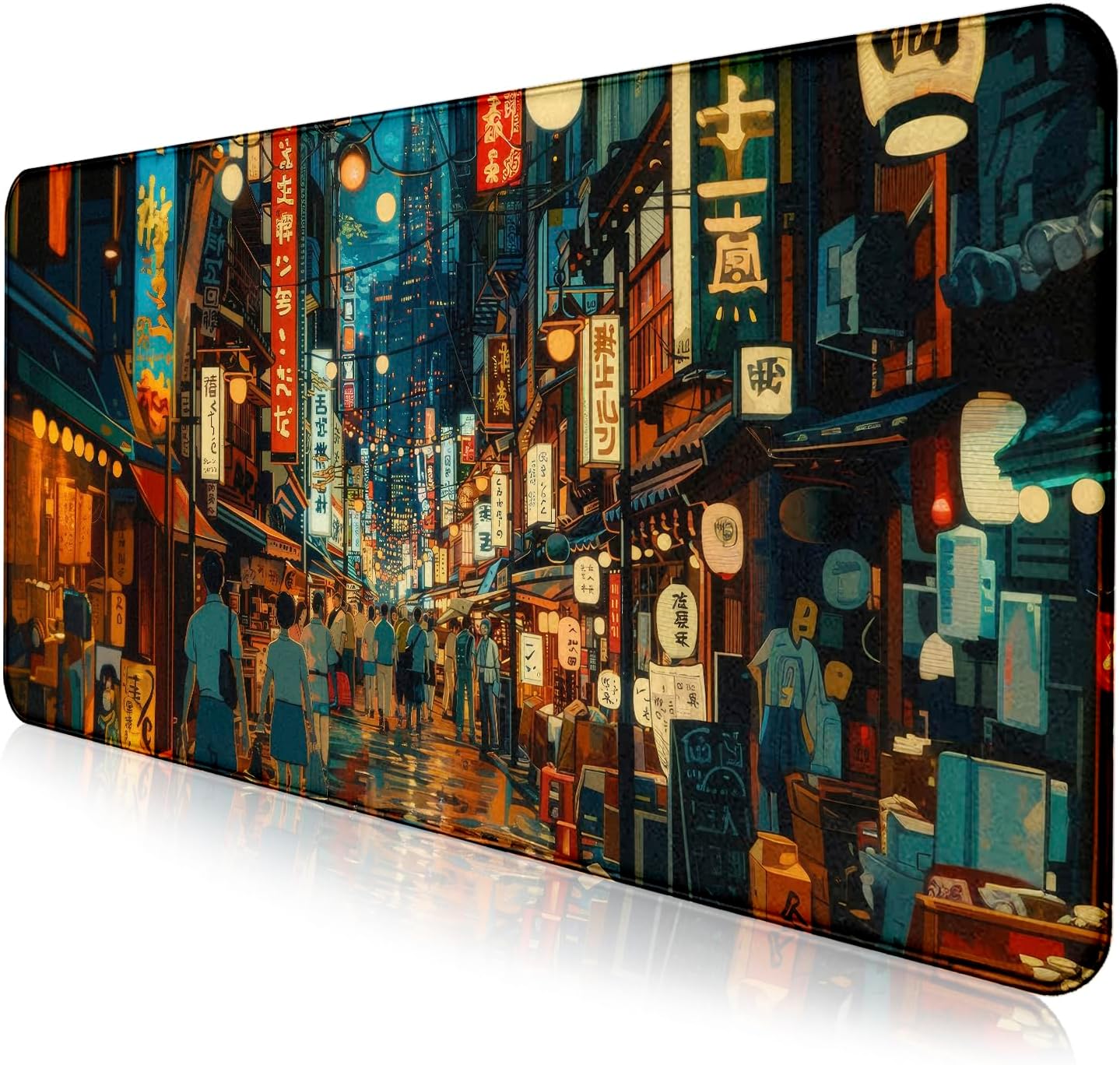 Cute Japanese Street Desk Mat, Anime Tokyo Street Night Scene Large Mouse Mat XXL, Computer Desk Mat 35.4 x 15.7 x 0.12 Inches