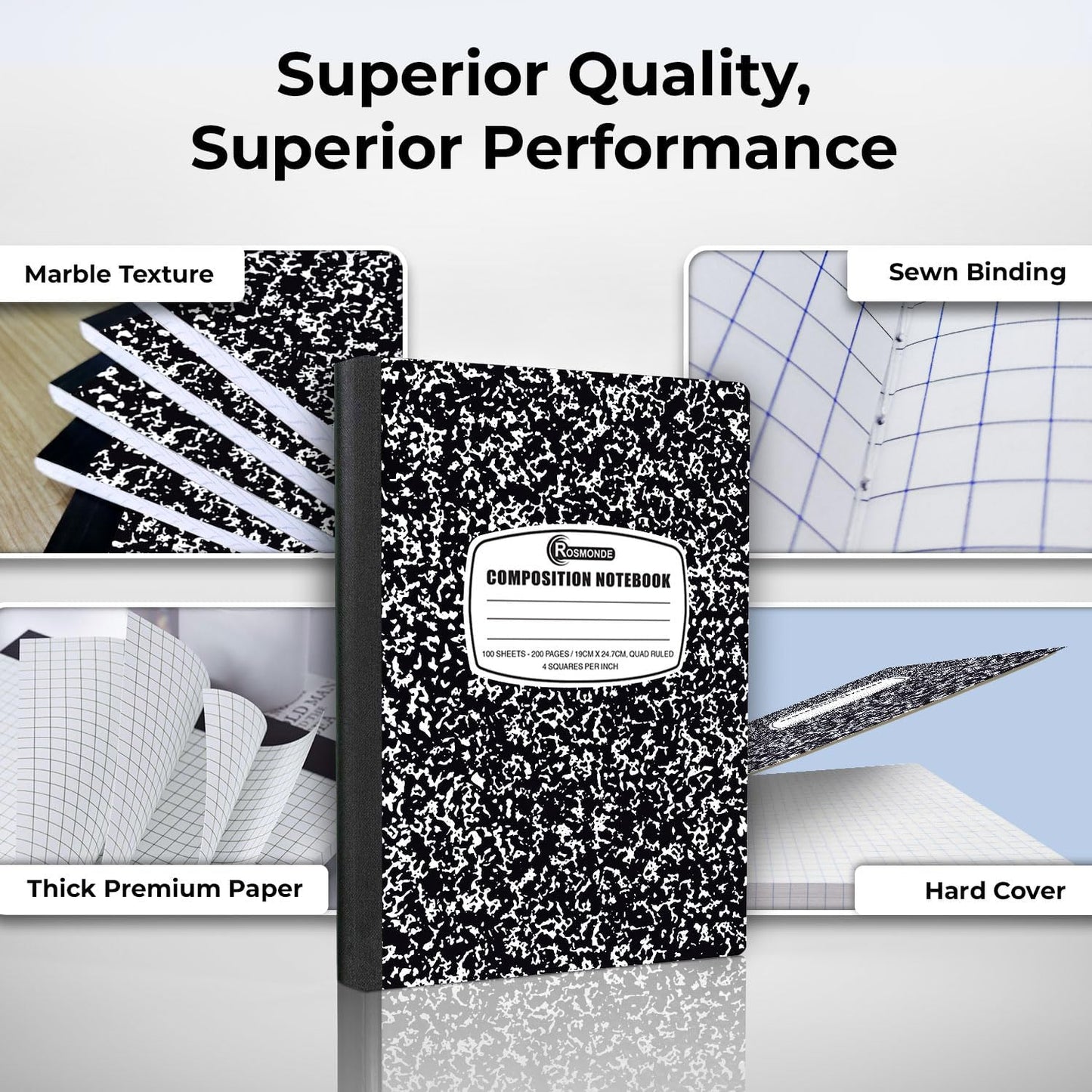 Graph Paper Composition Notebook, 5 Pack, 200 Pages (100 Sheets), Quad Ruled Composition Notebook, Graph Notebooks, 4x4 Grid Composition Notebook, Black Marble, Sewn Hard Cover, 9-3/4 x 7-1/2