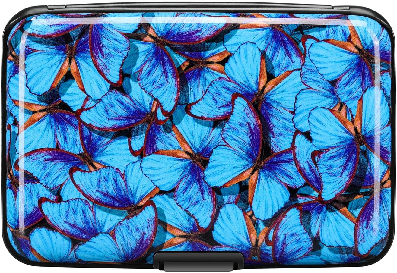 ELFISH RFID Blocking Credit Card Protector Aluminum ID Case Hard Shell Business Card Holders Metal Wallet for Men or Women (Blue Butterfly)