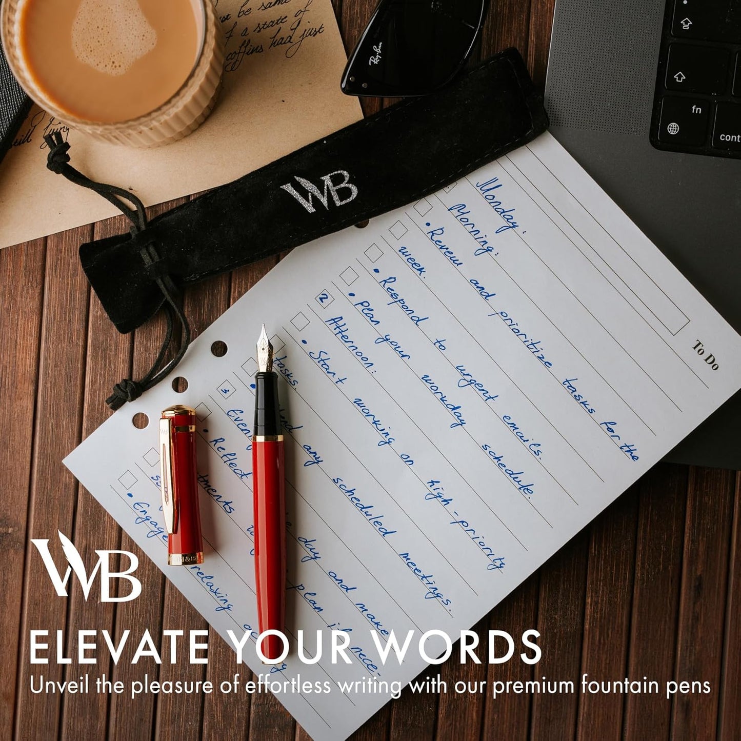 Wordsworth & Black Fountain Pen Set, 18K Gilded Medium Nib, Includes 24 Pack Ink Cartridges, Ink Refill Converter & Gift Pouch, Gold Finish, Calligraphy, [Crimson Red], Perfect for Men & Women