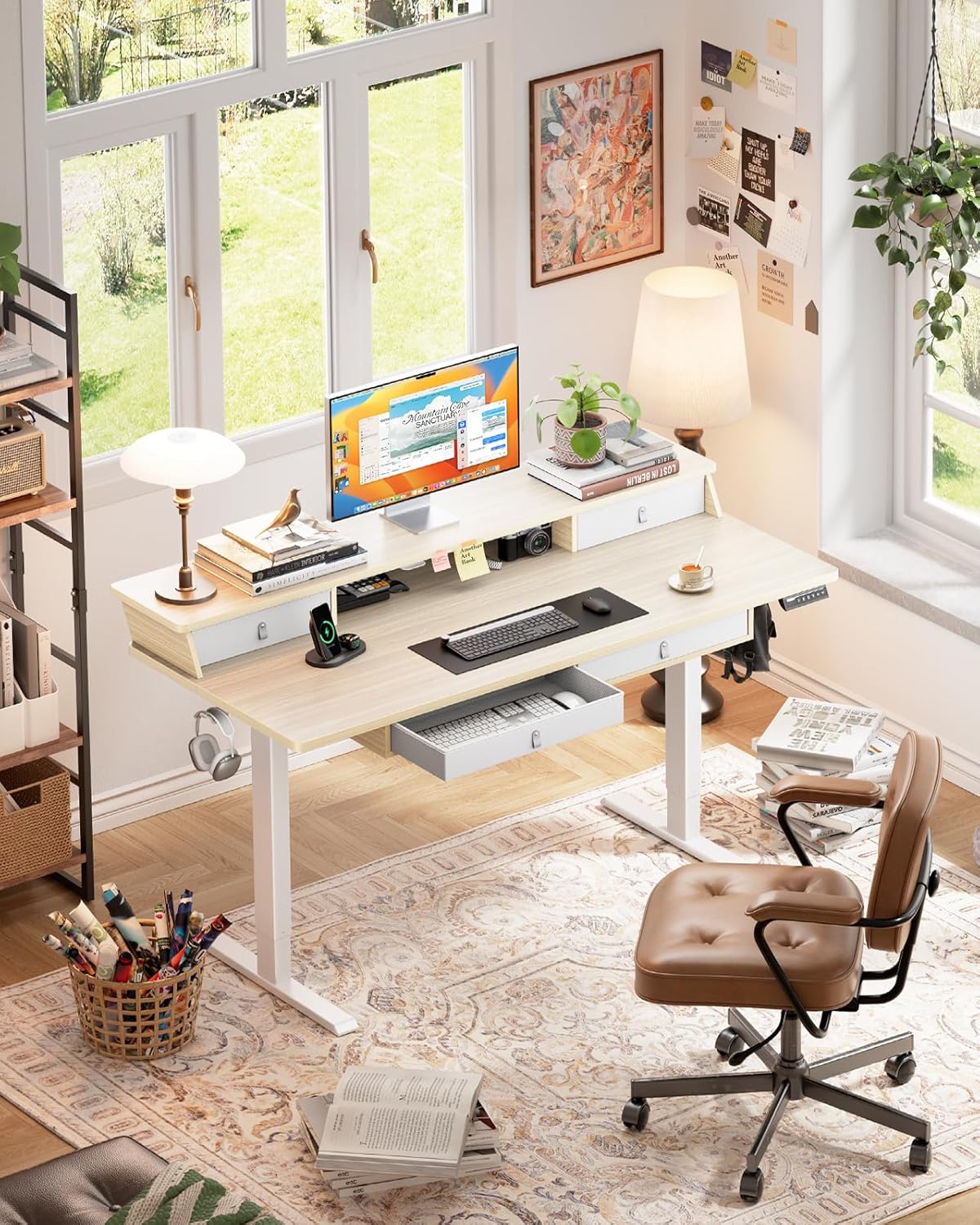 ErGear Electric Standing Desk with 4 Drawers, 48" x 30" Height Adjustable Desk with Storage, C-Clamp Mount Compatible, Computer Home Office Table with Cable Management Tray, Natural