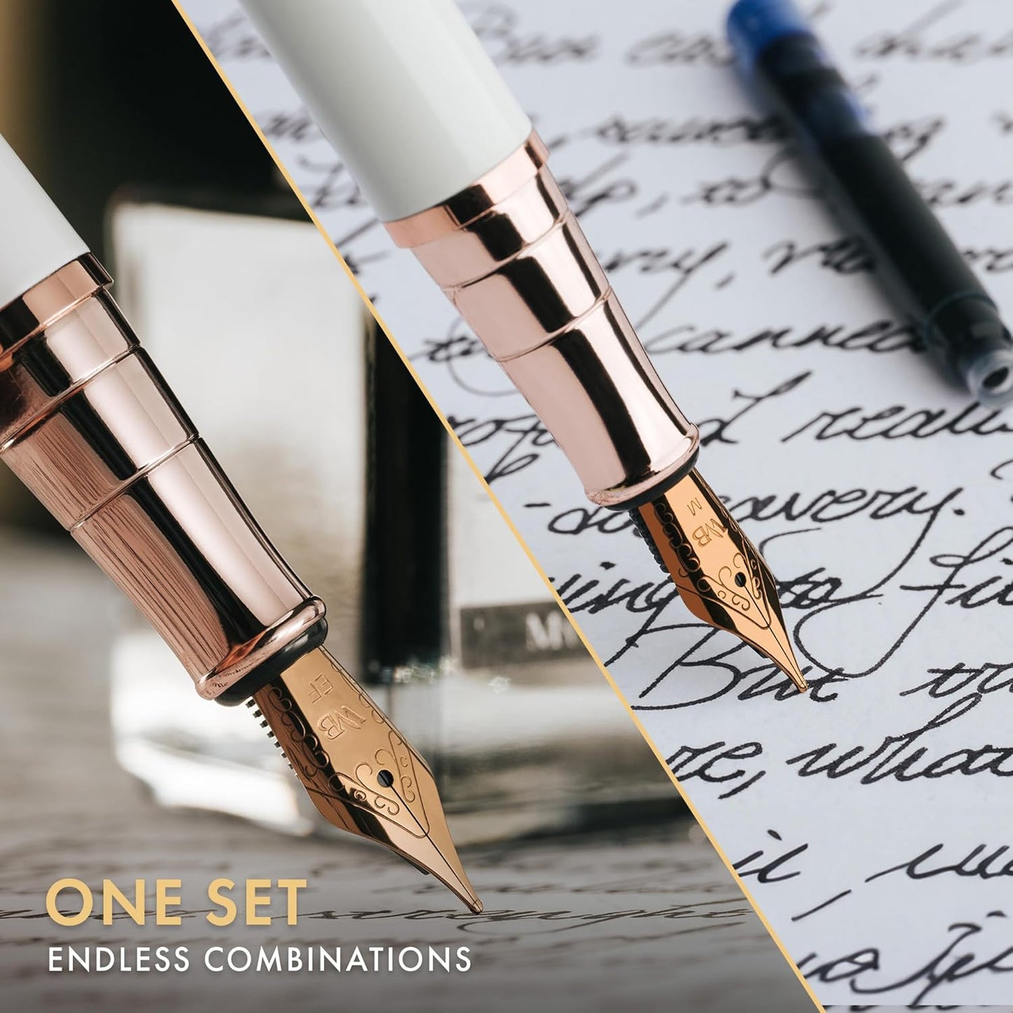 Wordsworth & Black Fountain Pen Set,18K Gilded Medium & Extra Fine Nib,25ML Black Ink Bottle,6 Ink Cartridges,Refill Converter,Gift Box,Smooth Writing Pen [White Rose Gold],Gift Set for Men and Women