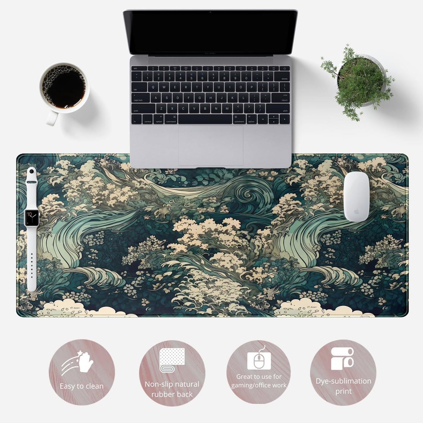 Japanese Large Mouse Pad Gaming Sea Wave Desk Pad Blue Sea Flower Art Aesthetics Desk Pad Non-Slip Rubber Base Mice Pad, 31.5 X 11.8 in for Laptop Computer Mouse Keyboard Mat of Office Desk Decor