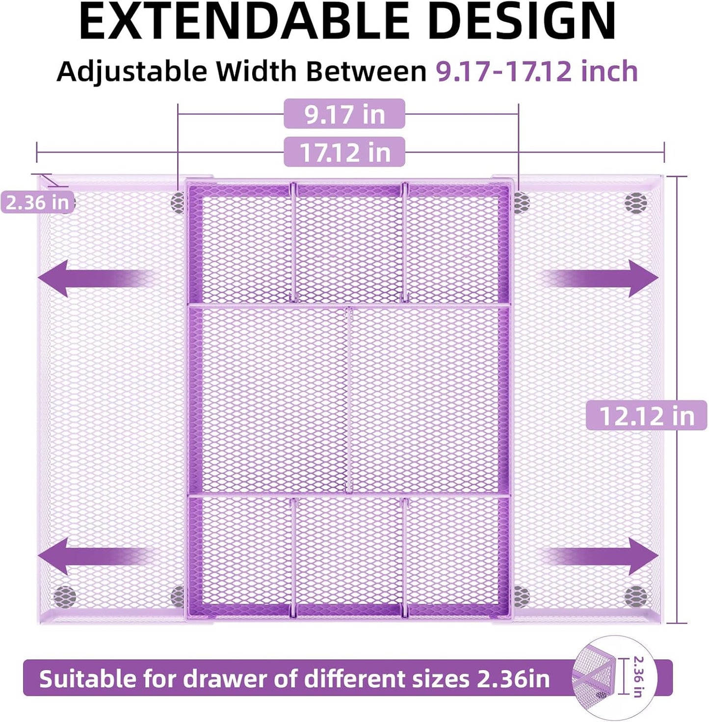 Marbrasse Expandable Desk Drawer Organizer, Mesh Drawer Organizer Tray with 10 Adjustable Compartments, Desk Organizers and Accessories for Office Supplies, Makeup & Vanity (Expandable-Purple)