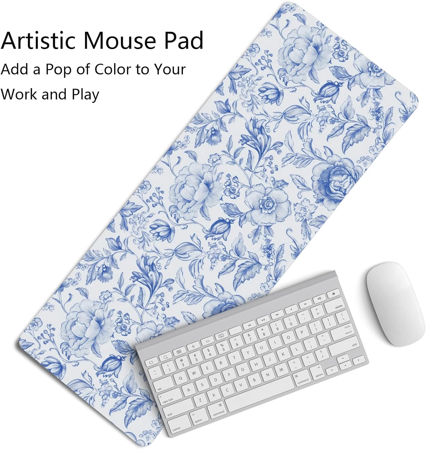 Blue Chinoiserie Mouse Pad,Blue and White Floral Desk Mat,XL Large Floral Preppy Trendy Mouse Pad,Girly Gaming Mousepad,Girly Laptop Desk Mat for Dorm Home Office,31.5x11.8 Inch