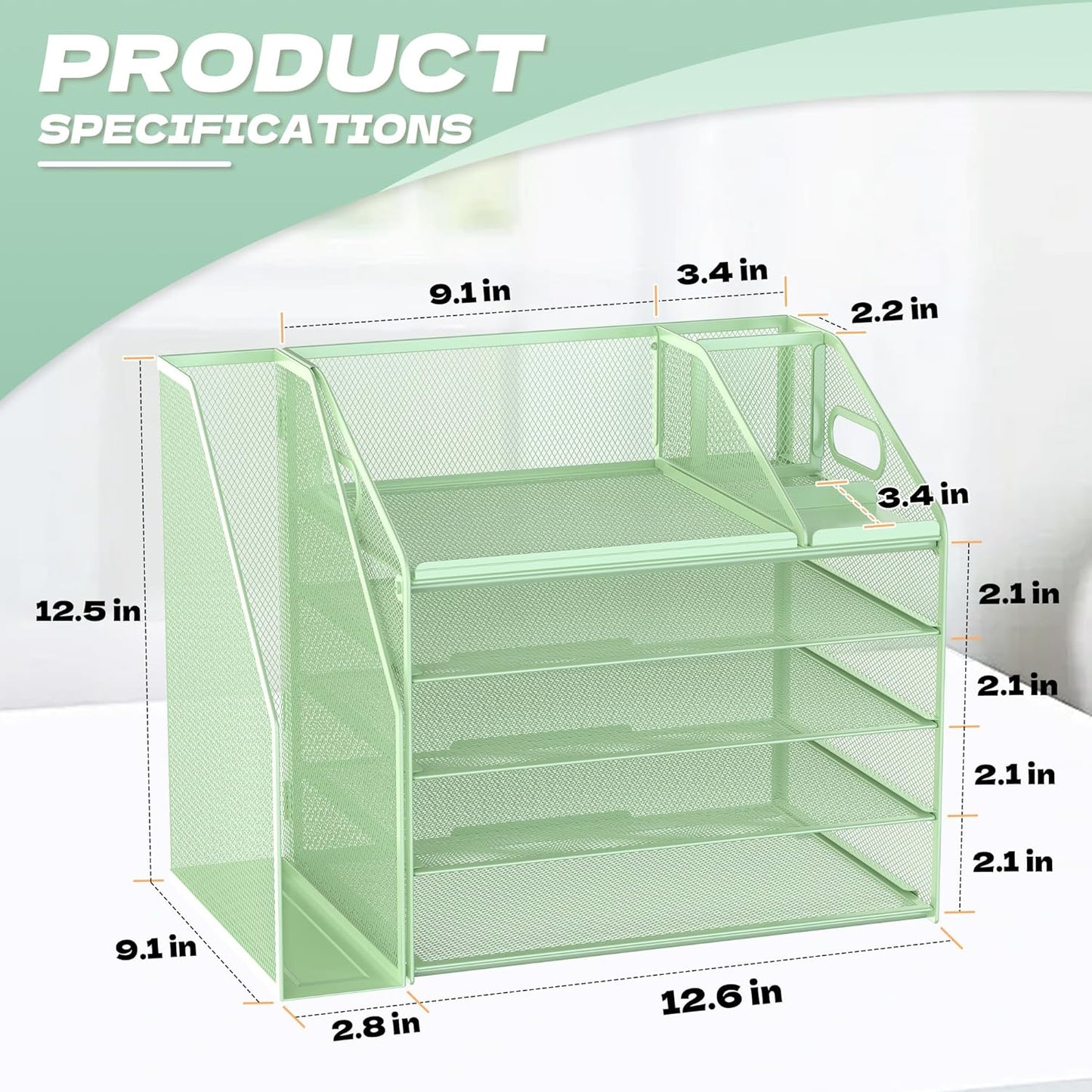 DocNest 5 Tier Paper Letter Tray File Organizer, Mesh Desk File with Handle, Workspace Desk Organizers with Pen Holder, Office Organization Storage Accessories - Green
