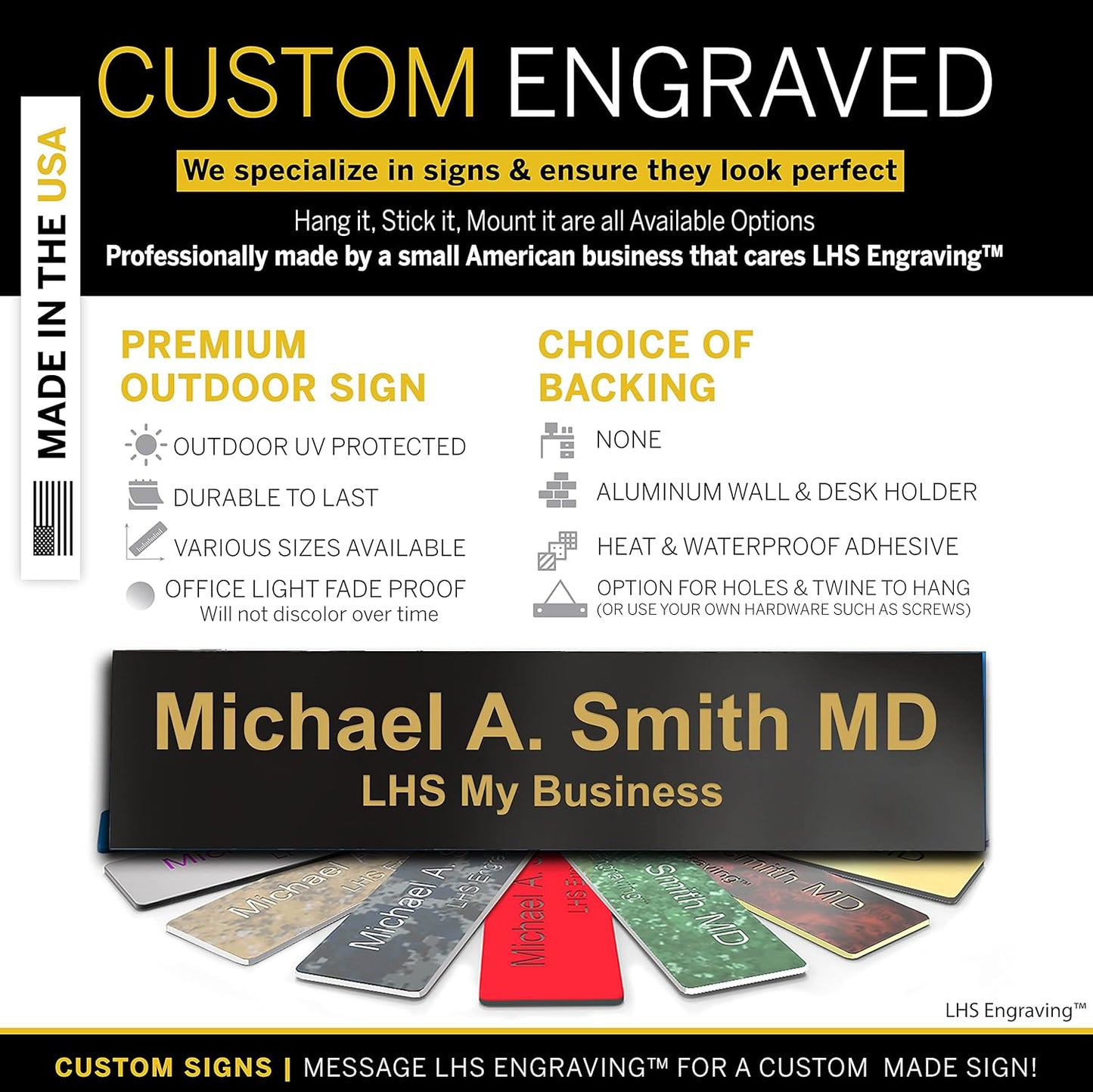 Engraved Door Signs for Office Personalized Black Plastic Door Plaque Gold Letters - Made in USA 2x6 B3