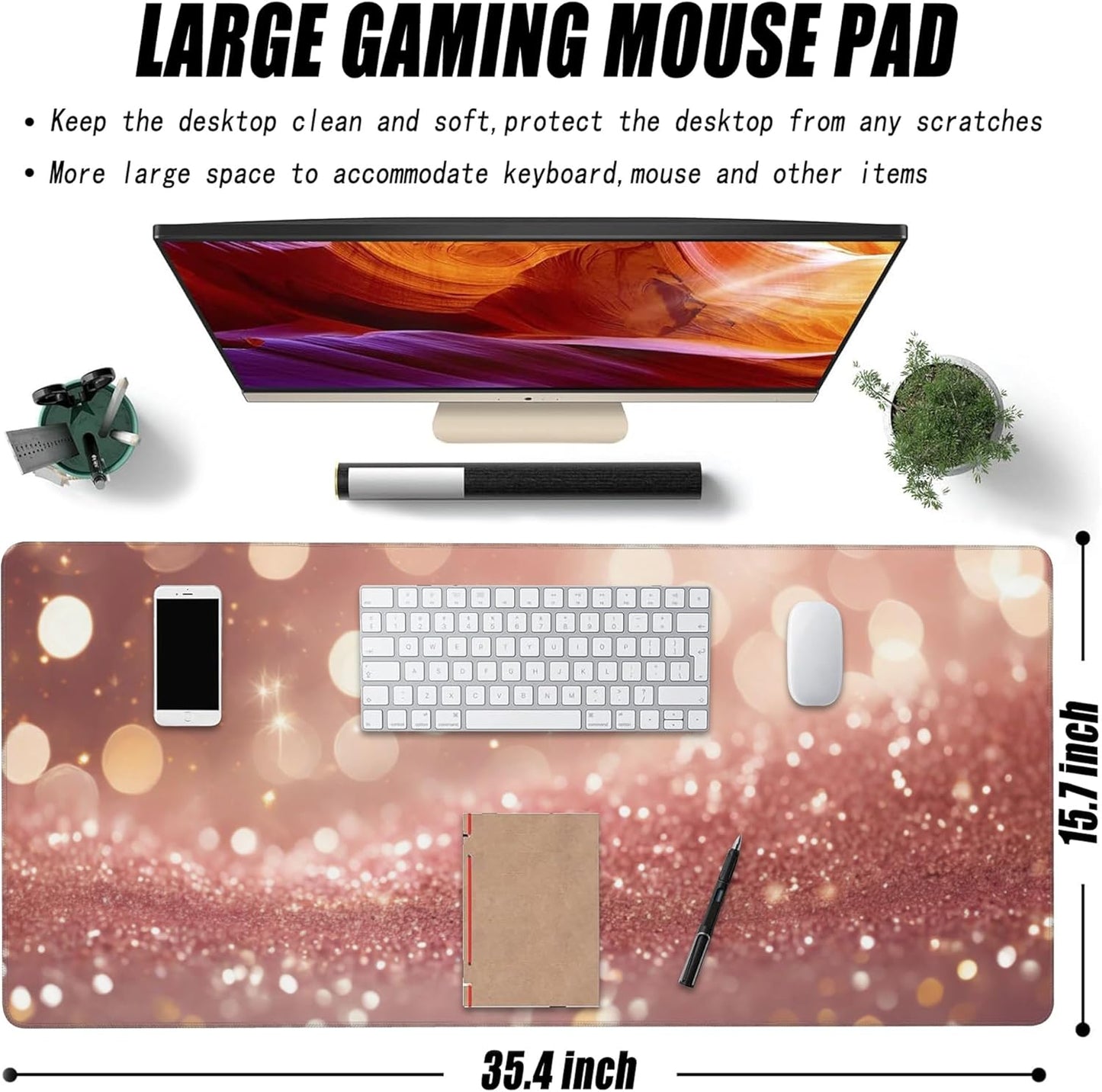 Extended Large Gaming Mouse Pad, Rose Pink Glitter Large Desk Mat for Desktop XXL, Non-Slip Rubber Base Stitched Edges Long Computer Keyboard Desk Pad Mouse Mat for Gaming Home Office 35.4"X15.7"