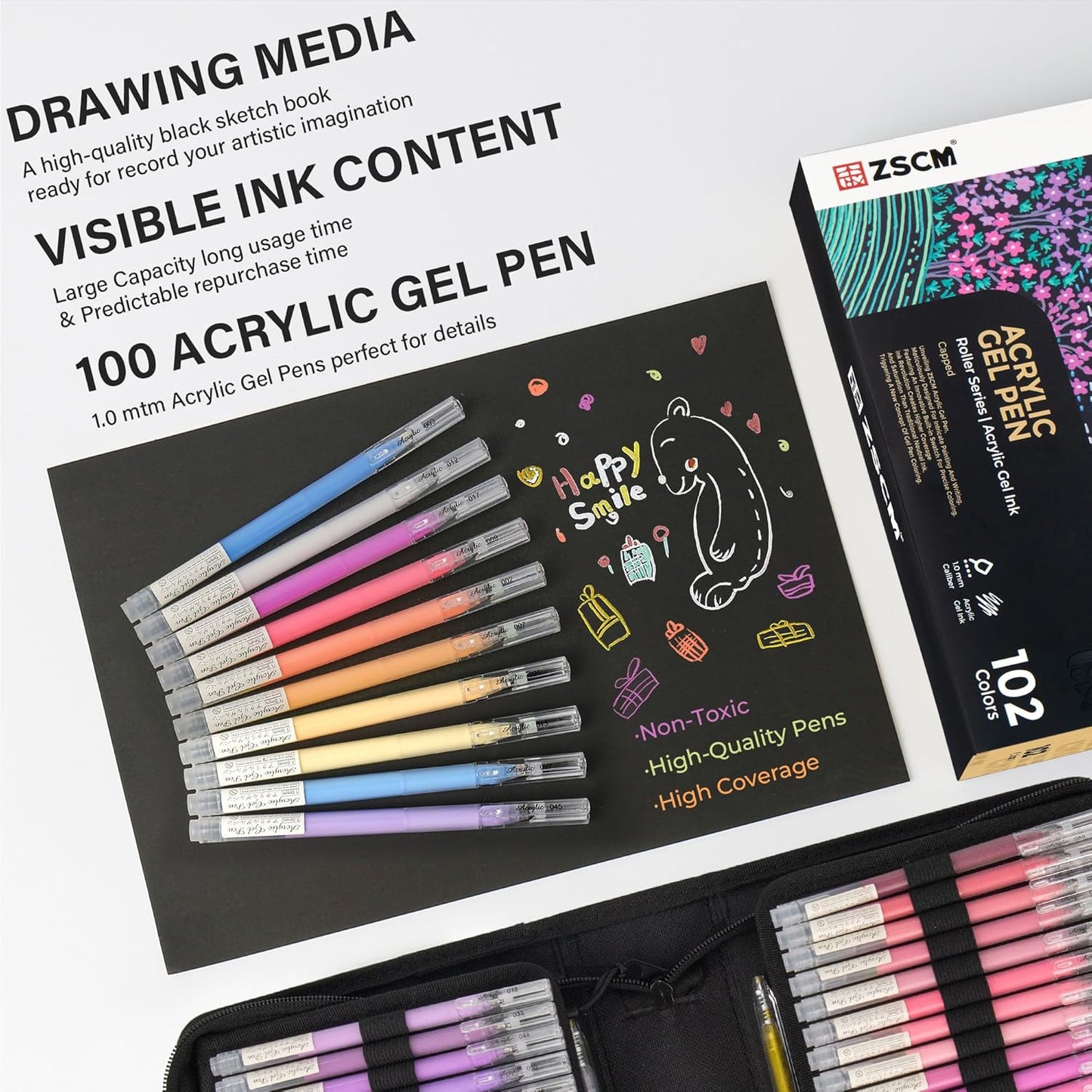 100 Colors 3D Acrylic Gel Pens & Black Paper Sketchbook for Drawing, 1mm Fine Point Acrylic Ink Pen, Opaque Archival Ink Pens for Black Paper Drawing, Sketching, Illustration, Card Making