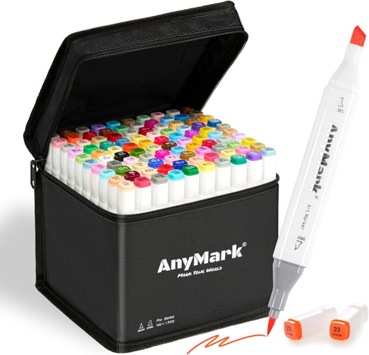 AnyMark Alcohol Markers Brush Tip, 100+1 Colors Dual Tip Brush & Chisel Alcohol-Based Art Markers Set with Case for Adult Artists Drawing Coloring