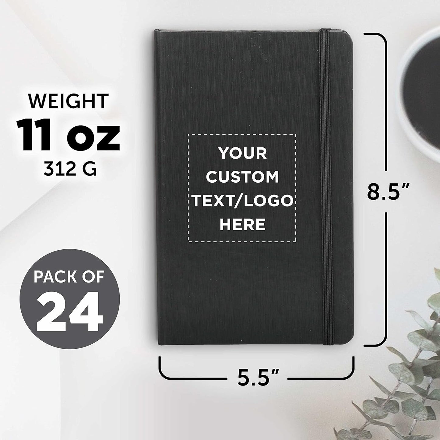 DISCOUNT PROMOS Custom Hardcover Notebook Journals with Elastic Colored Band Set of 24, Personalized Bulk Pack - Perfect for School, Office, Home - Black