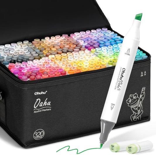 Ohuhu Alcohol Markers 320 Colors - Chisel & Fine Double Tipped Art Markers for Artists Adults Coloring Drawing Sketching Illustration - Alcohol-based Refillable Ink