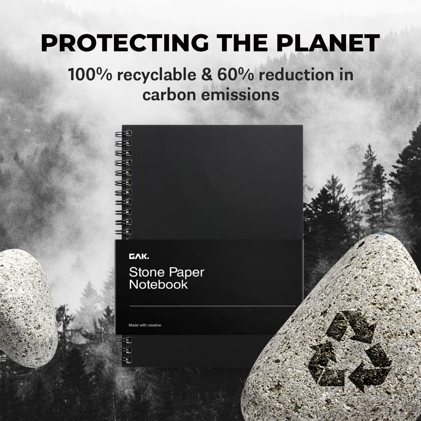 GAK. Stone Paper Waterproof Sheet Spiral Notebook (M Size) – 5.8”x8.3”, 50 sheets, Stone Paper Notebook Journal Note Taking Waterproof Notepad College Ruled Paper Black Notebook Aesthetic School